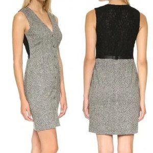 DIANE VON FURSTENBERG 100% WOOL GREY TWEED BLACK LACE SLEEVELESS GILET DRESS